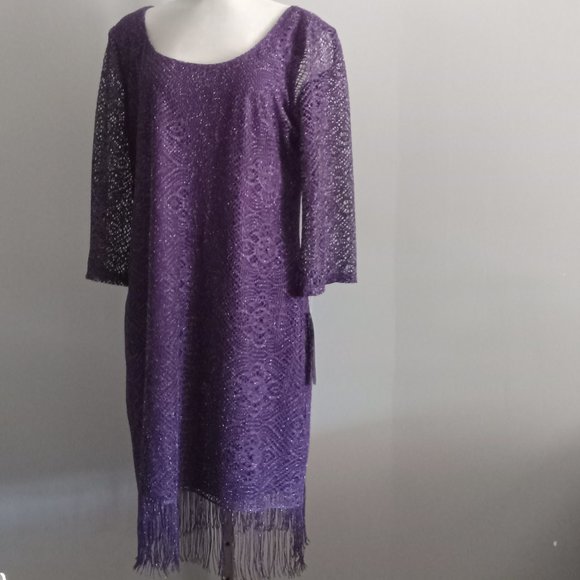 Tiana B NWT Purple fringe mesh lace overlay cocktail party shift midi dress sz12 - Picture 1 of 4